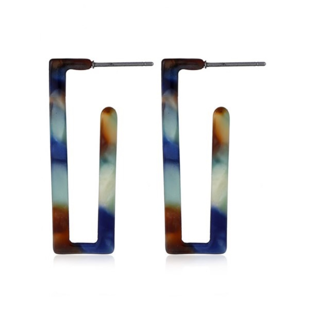 Rectangle acrylic marbled blue and tan earrings